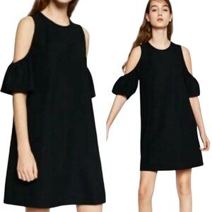 ZARA TRAALUC Mini Dress, Black Cold Shoulder Ruffle Sleeve Loose Flowy Boho, S